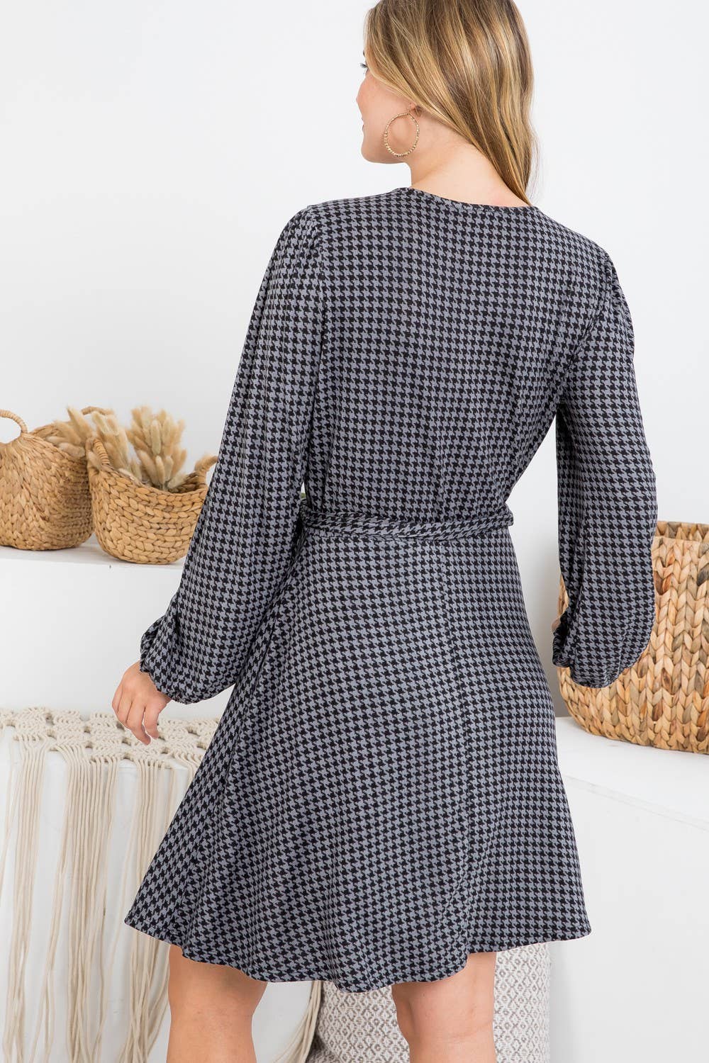 Geo Print Cross V Neck Belted Dress