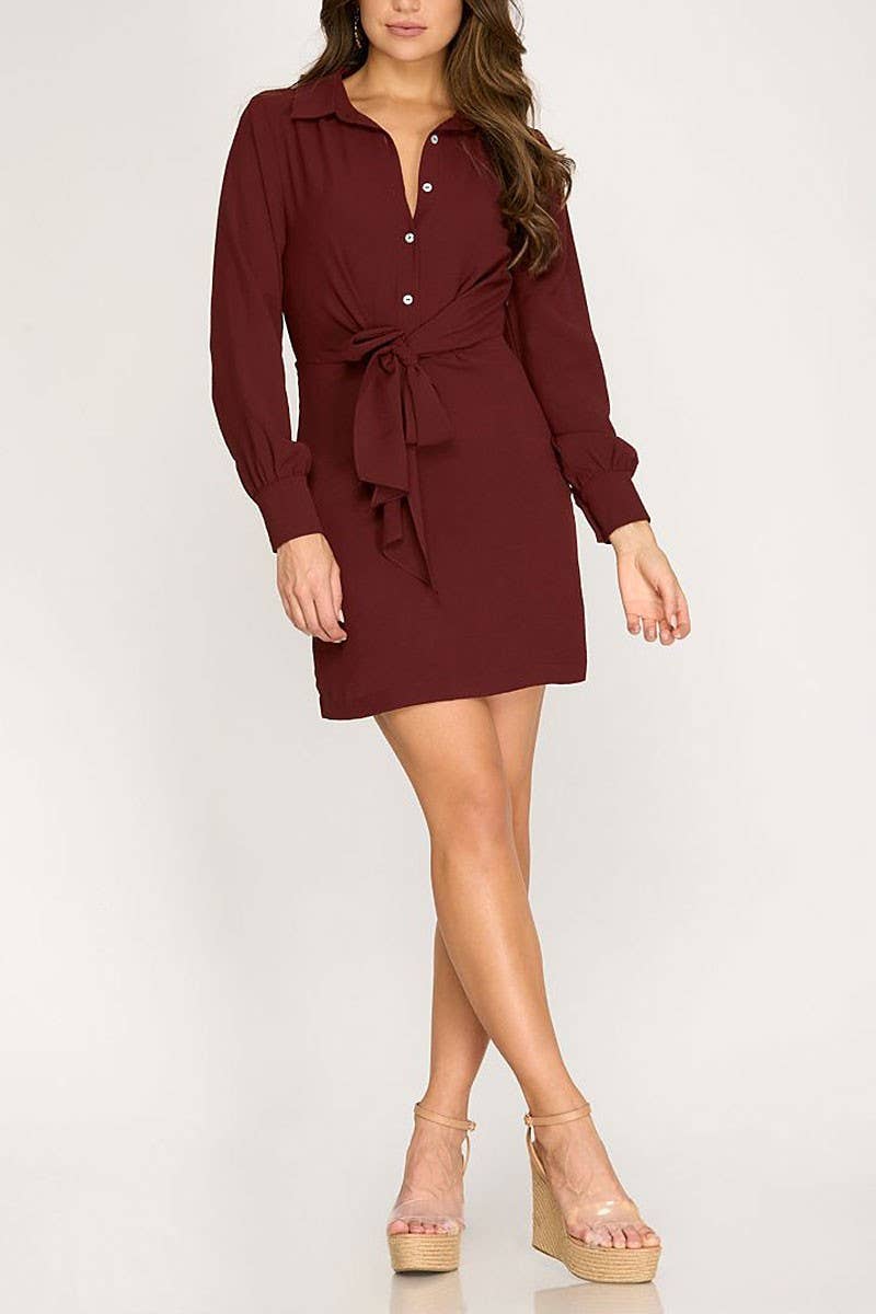 LONG CUFF SLEEVES W/FRONT TIE WOVEN MINI DRESS