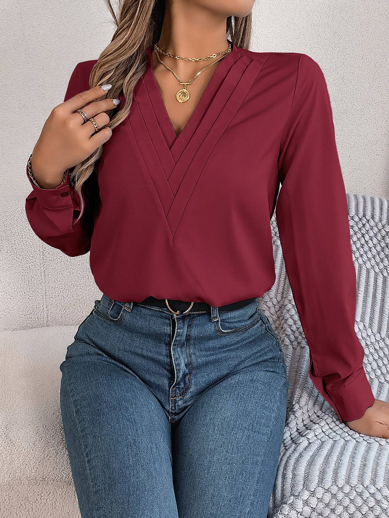 Elegant Layered V-Neck Long Sleeve Blouse – 2025 Fall/Winter