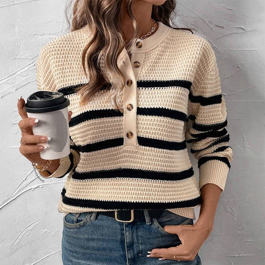 Striped button-down chunky knit crew neck sweater: Apricot