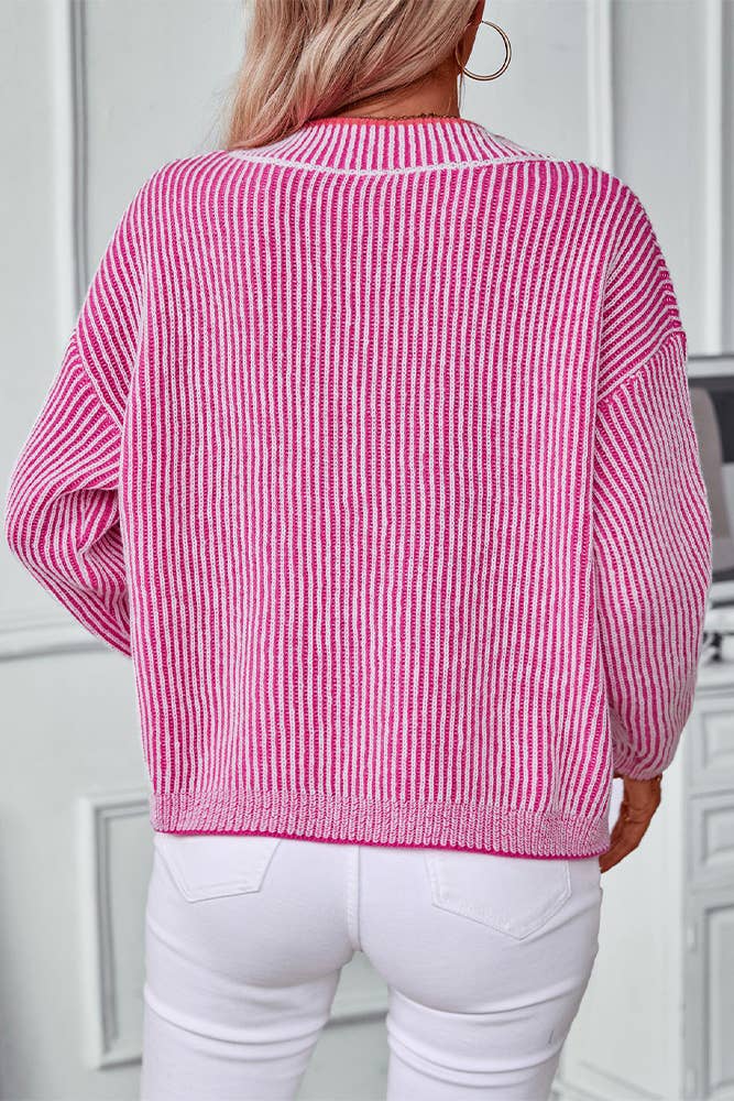 V Neck Stripes Long Sleeves Knitting Sweater MMY201: Rose Red