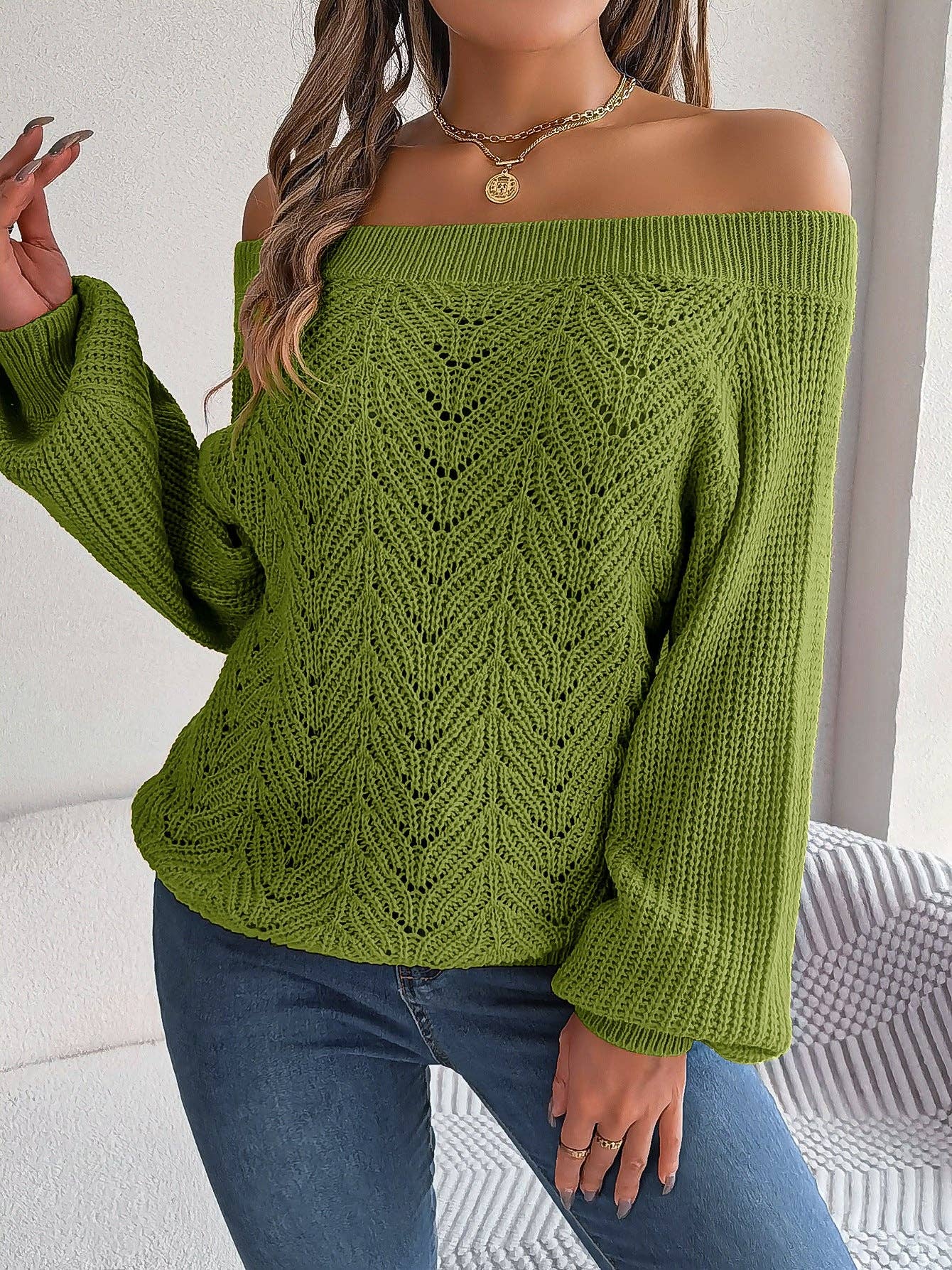 Off-Shoulder Cable Knit Lantern Sleeve Sweater