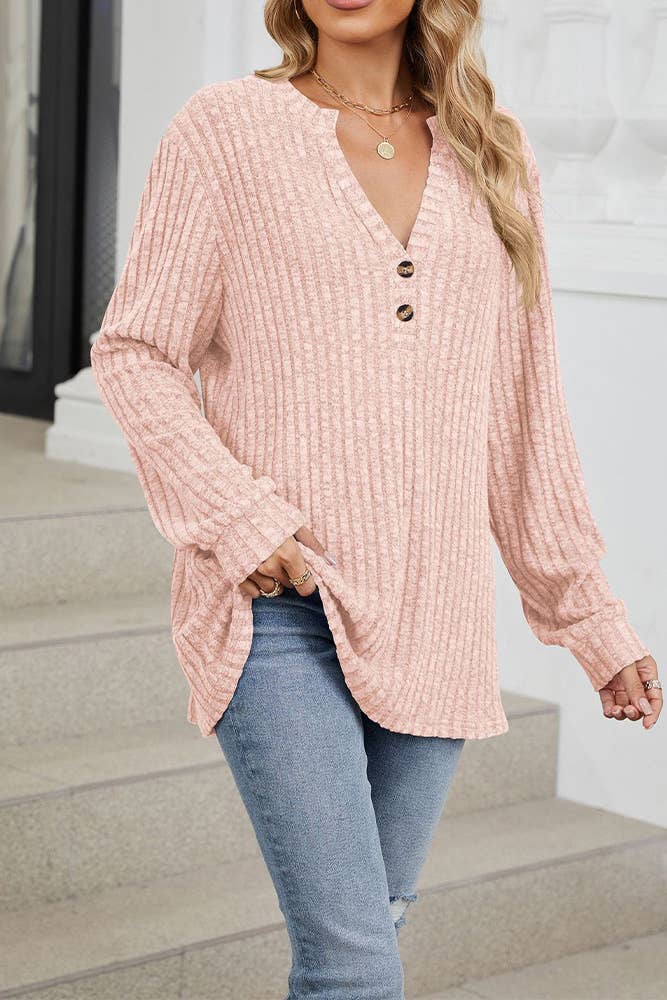 Ribbed Knitting V Neck Button Long Sleeves Top HLL207: Pink