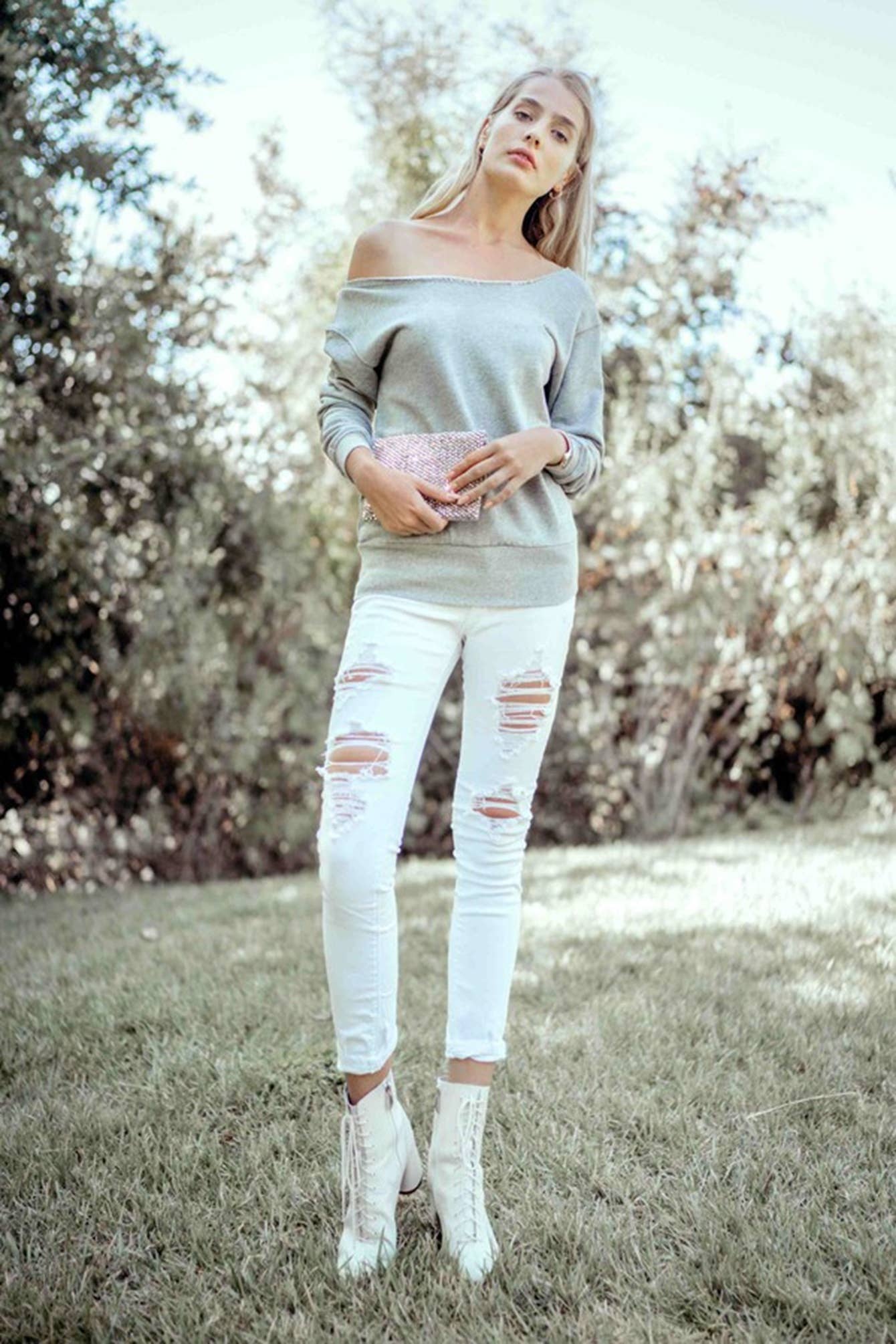 Grey Women Off-Shoulder Sweatshirt: Gray