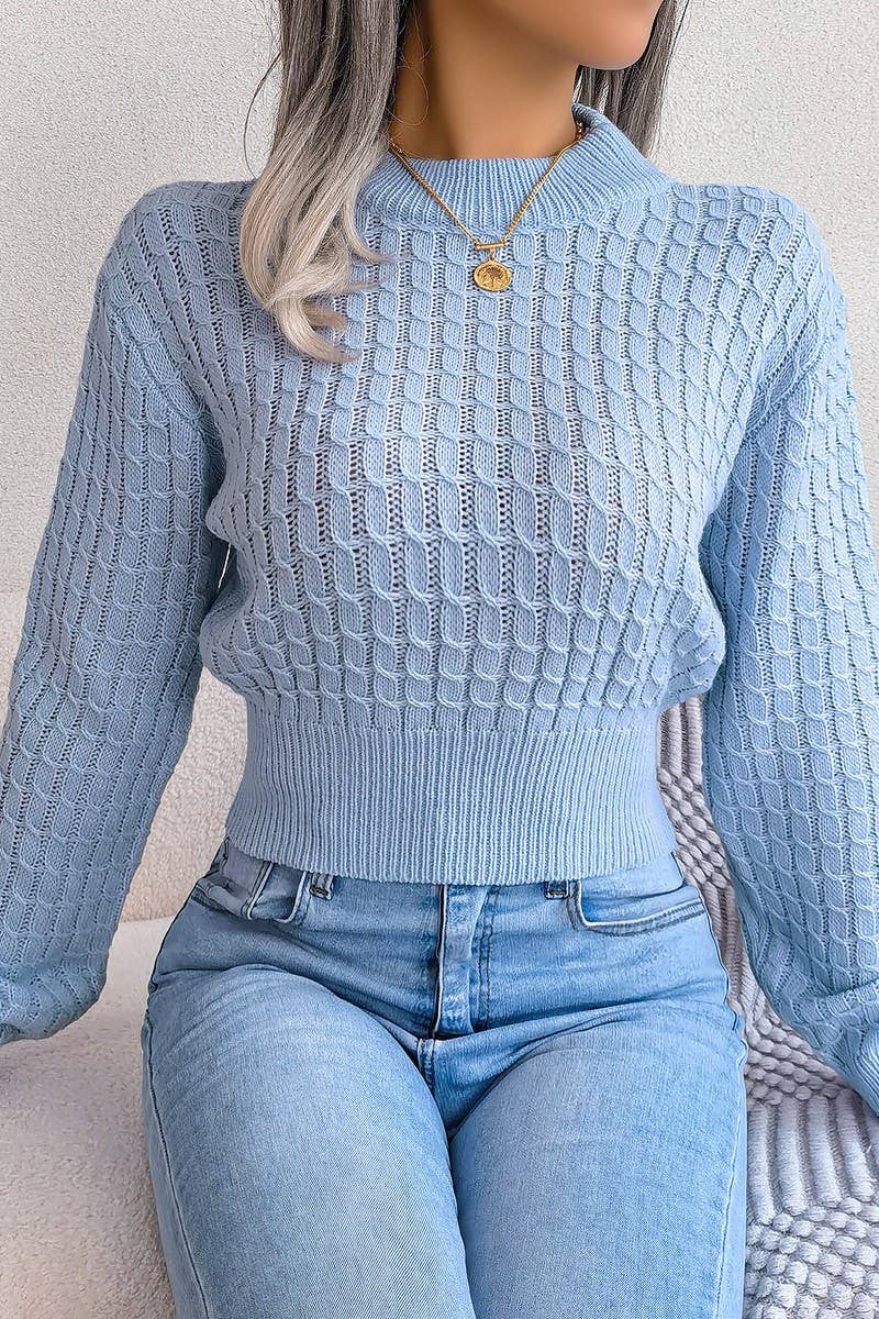 TWIST CHUNKY CABLE KNIT RIBBED CROP SWEATSHIRT_Blue